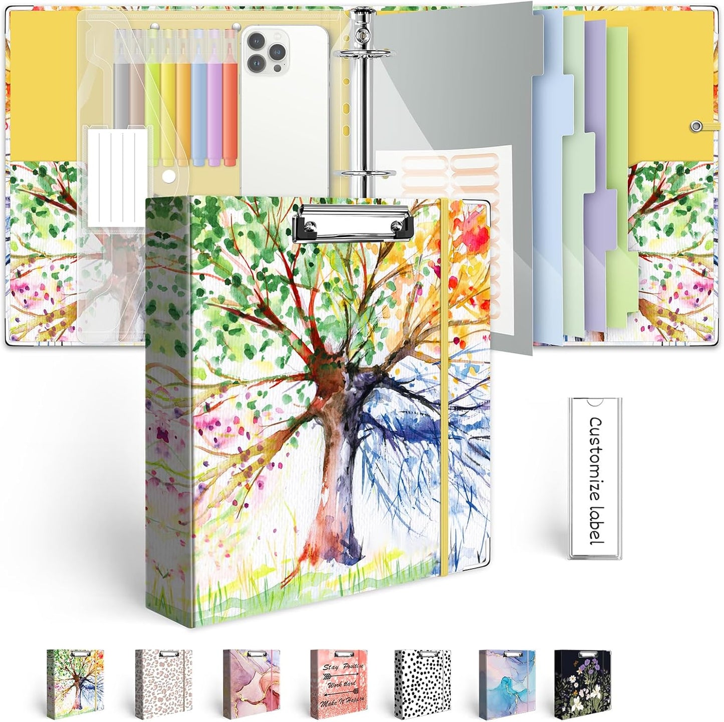 3 Ring Binder 1 Inch, Three Ring Binders Organizer with Clipboard, 5-Tabs Pockets Dividers, Plastic Folder, 18 Divider Stikers, BVSSX Pretty Binder with Pen Loop (Black Weeds, Letter Size)