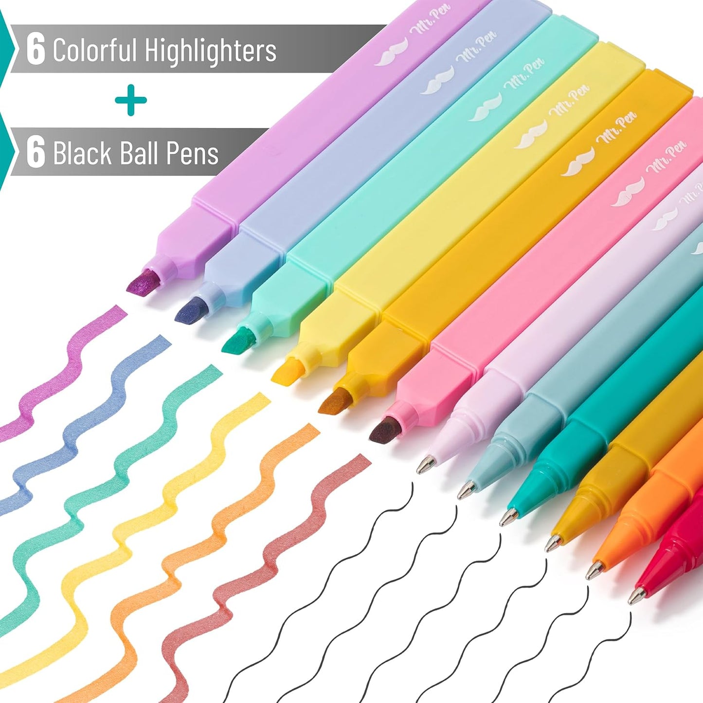 Mr. Pen- Aesthetic Highlighters and Ballpoint Pens No Bleed, 12 Pack, Pastel Colors, Bible Highlighters and Pens No Bleed, Fast Dry and No Smear for Bible Journaling, Planner, School Supplies