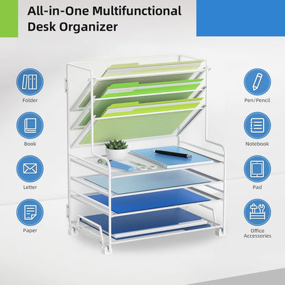 MINDEPOT 4-Tier Paper Organizer + 3-Pocket File Holder + Drawer + Pen Holders, Desktop File Organizers Paper Tray for Office Supplies School Classroom Organization (Black, No Drawer & Pen Holder)