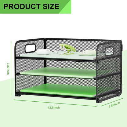 3 Tier Paper Letter Tray Organizer for Desk, Mesh File Folder Document Organizer with Handle for Home Office Supplies Desktop Accessories, Pink