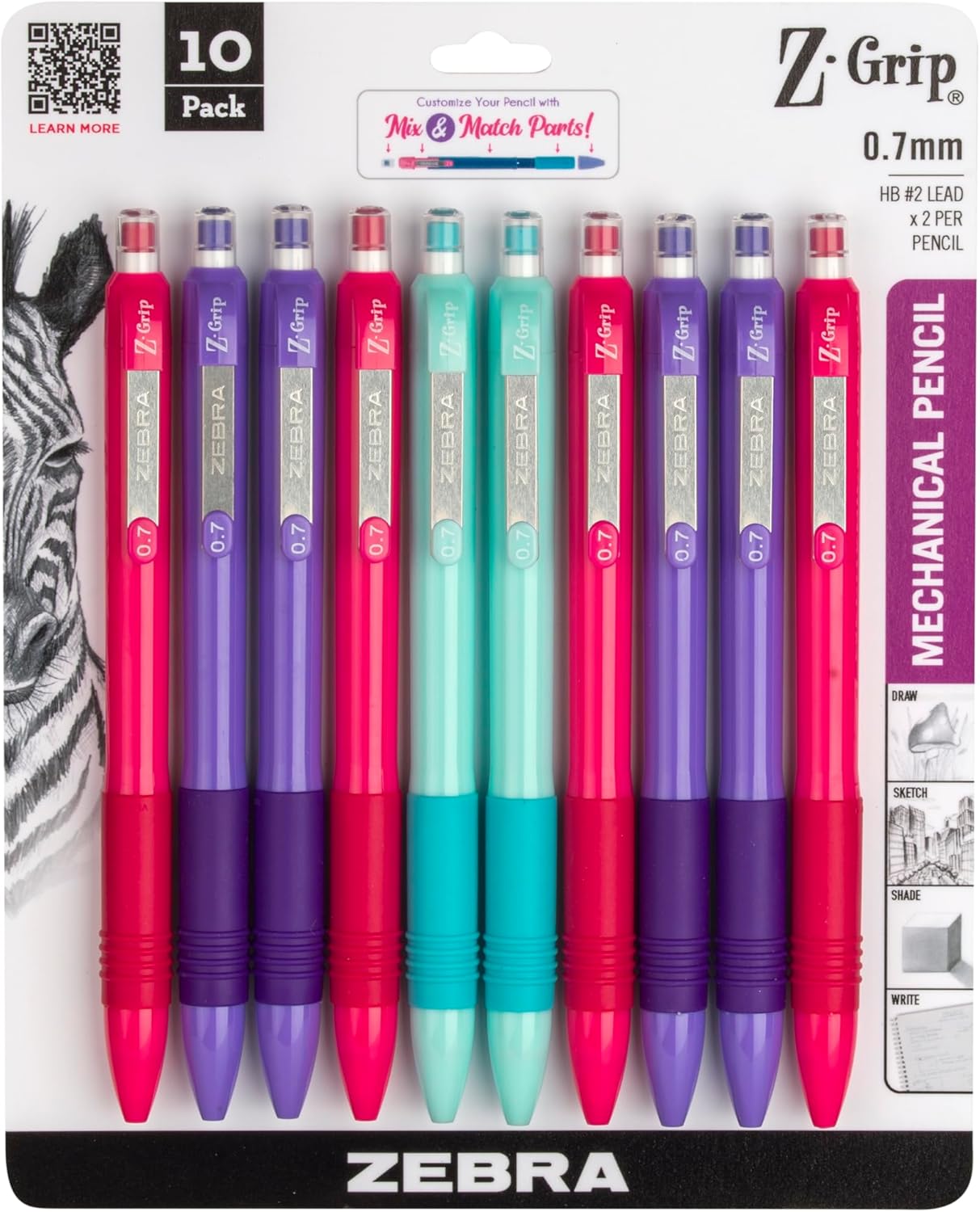 Zebra Pen, Z-Grip Mechanical Pencil, Smooth Writing, Latex-Free Grip, 0.7mm Lead, #2 HB, Pre-Loaded with Lead and Eraser, for School, Office, Everyday Use, Refillable, Clear Barrel, 24-Pack, (15241)