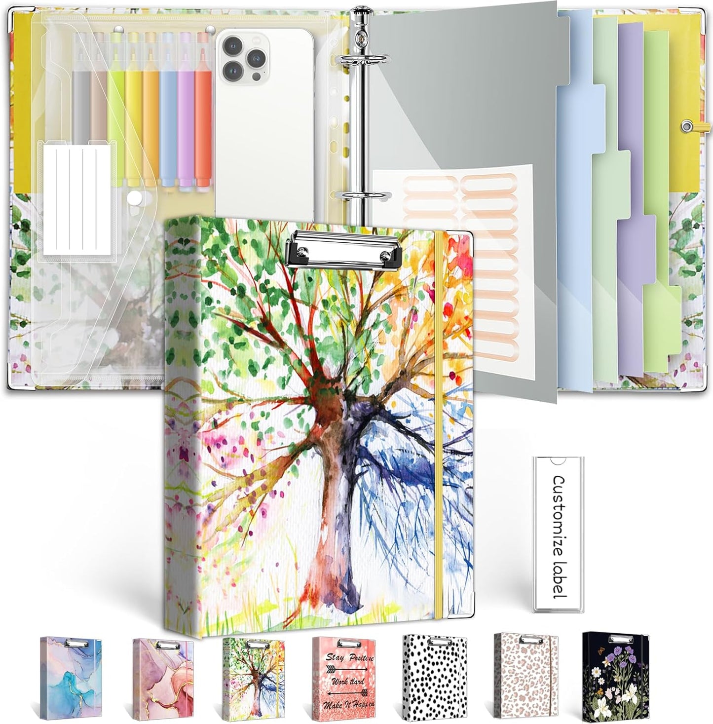 3 Ring Binder 1 Inch, Three Ring Binders Organizer with Clipboard, 5-Tabs Pockets Dividers, Plastic Folder, 18 Divider Stikers, BVSSX Pretty Binder with Pen Loop (Black Weeds, Letter Size)