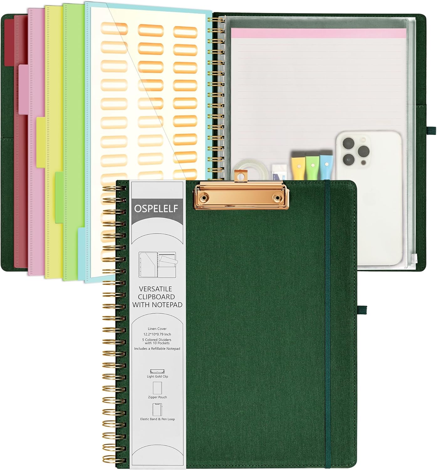 Ospelelf Foldable Spiral Clipboard Folio with Storage Zipper Pouch, 5 Plastic Folders with 10 Pockets,Refillable Lined Notepad (11" x 8.5"), Hardcover Project Organizer with 39 Stickers (Purple)