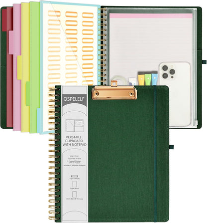 Ospelelf Foldable Spiral Clipboard Folio with Storage Zipper Pouch, 5 Plastic Folders with 10 Pockets,Refillable Lined Notepad (11" x 8.5"), Hardcover Project Organizer with 39 Stickers (Purple)