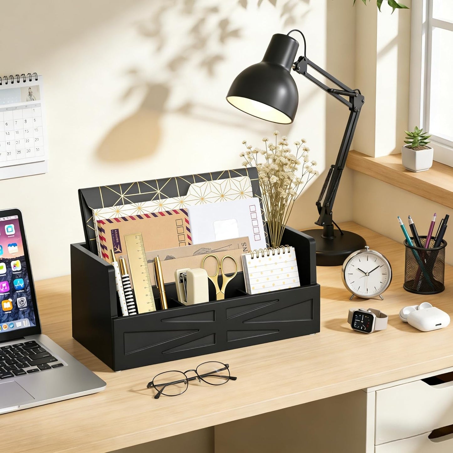 Rustic Wood Mail Organizer Countertop with 4 Slots, Black Mail Holder for Desk, Removable Dividers Mail Sorter, Letter Bill File Organizer for Home Office Classroom, Desktop Organizer with Free Labels