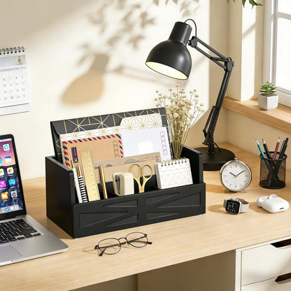 Rustic Wood Mail Organizer Countertop with 4 Slots, Black Mail Holder for Desk, Removable Dividers Mail Sorter, Letter Bill File Organizer for Home Office Classroom, Desktop Organizer with Free Labels
