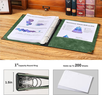 Ovesmusl Leather 3 Ring Binder 1 Inch Round Ring Binder Fits 200 Sheets 8.5"x11" Letter Size Paper, Wedding Family History Notebook Cover Loose Leaf Organizer, Brown