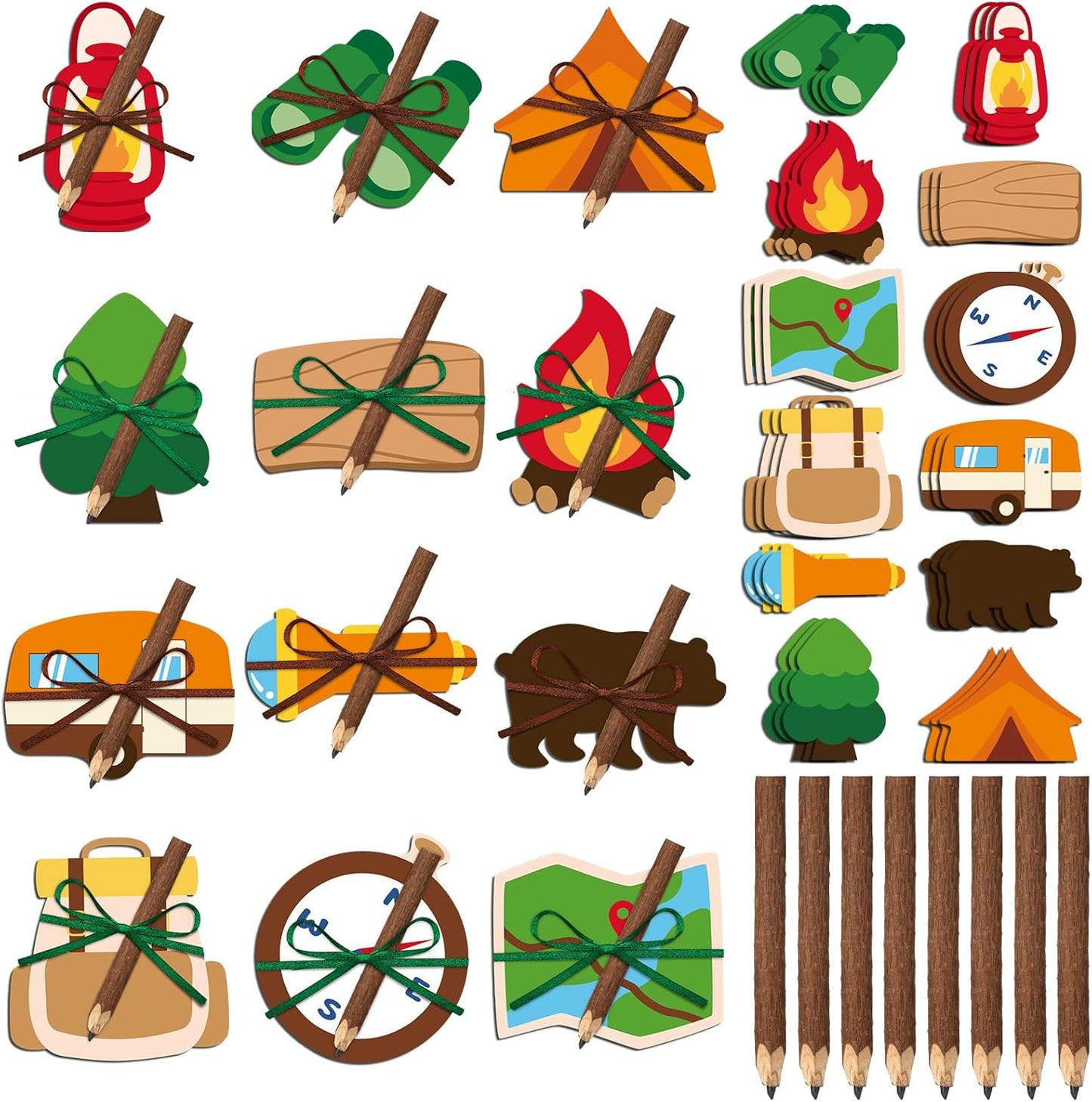 Eaasty 24 Set Camping Sticky Note and Twig Pencils with Ribbon Adventure Travel Gift for Party Favors Self Stick Adhesive Notepads Natural Wood Pencils for Exchange Gifts Office Home Classroom