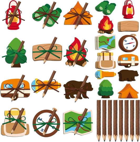 Eaasty 24 Set Camping Sticky Note and Twig Pencils with Ribbon Adventure Travel Gift for Party Favors Self Stick Adhesive Notepads Natural Wood Pencils for Exchange Gifts Office Home Classroom