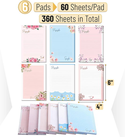 Mr. Pen- Floral Lined Sticky Notes, 4" x 6", 6 Pads, 60 Sheets/Pad, Large Aesthetic Sticky Notes with Lines, Ruled Post Stickies, Memo Pads, Self-Stick Note Pad for Office, School, Home, Study