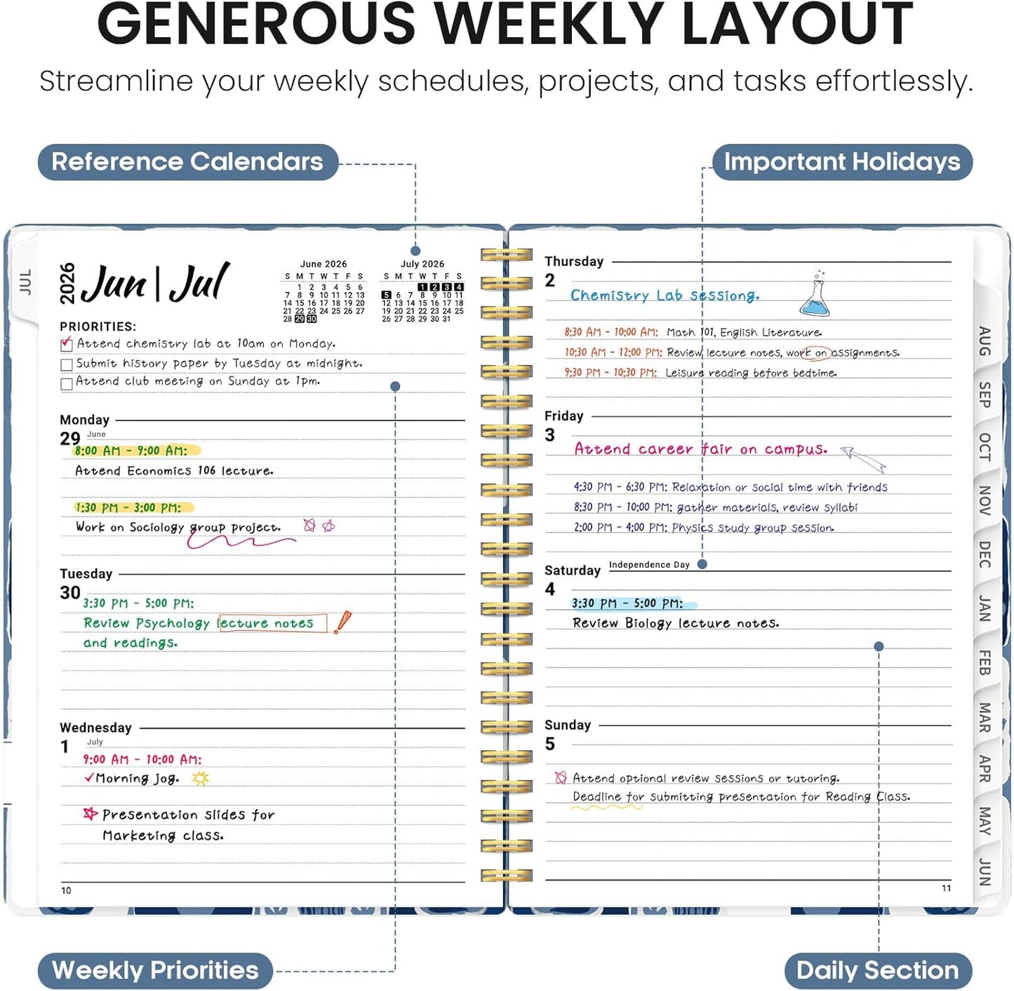 Planner 2026-2027, Academic Year Monthly and Weekly Calendar Planner, Jul 2026 - Jun 2027, Hardcover Teacher Student Planning Agenda book with Tabs, Perfect for School Office Supplies, 6.3" x 8.5" - Wildflowers