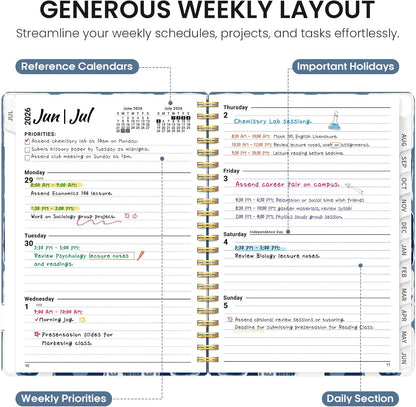 Planner 2026-2027, Academic Year Monthly and Weekly Calendar Planner, Jul 2026 - Jun 2027, Hardcover Teacher Student Planning Agenda book with Tabs, Perfect for School Office Supplies, 6.3" x 8.5" - Wildflowers