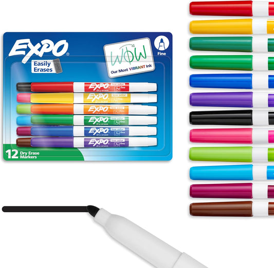 EXPO Dry Erase Markers, Low Odor Ink, Assorted Colors, Fine Tip, 12 Count - Back to School, Teacher, Classroom, Office Supplies