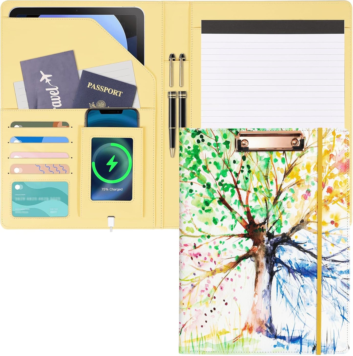 Clipboard Folio Folder Portfolio with Notepad-Pocket Business Card Holder Brown Faux PU Leather Portfolio