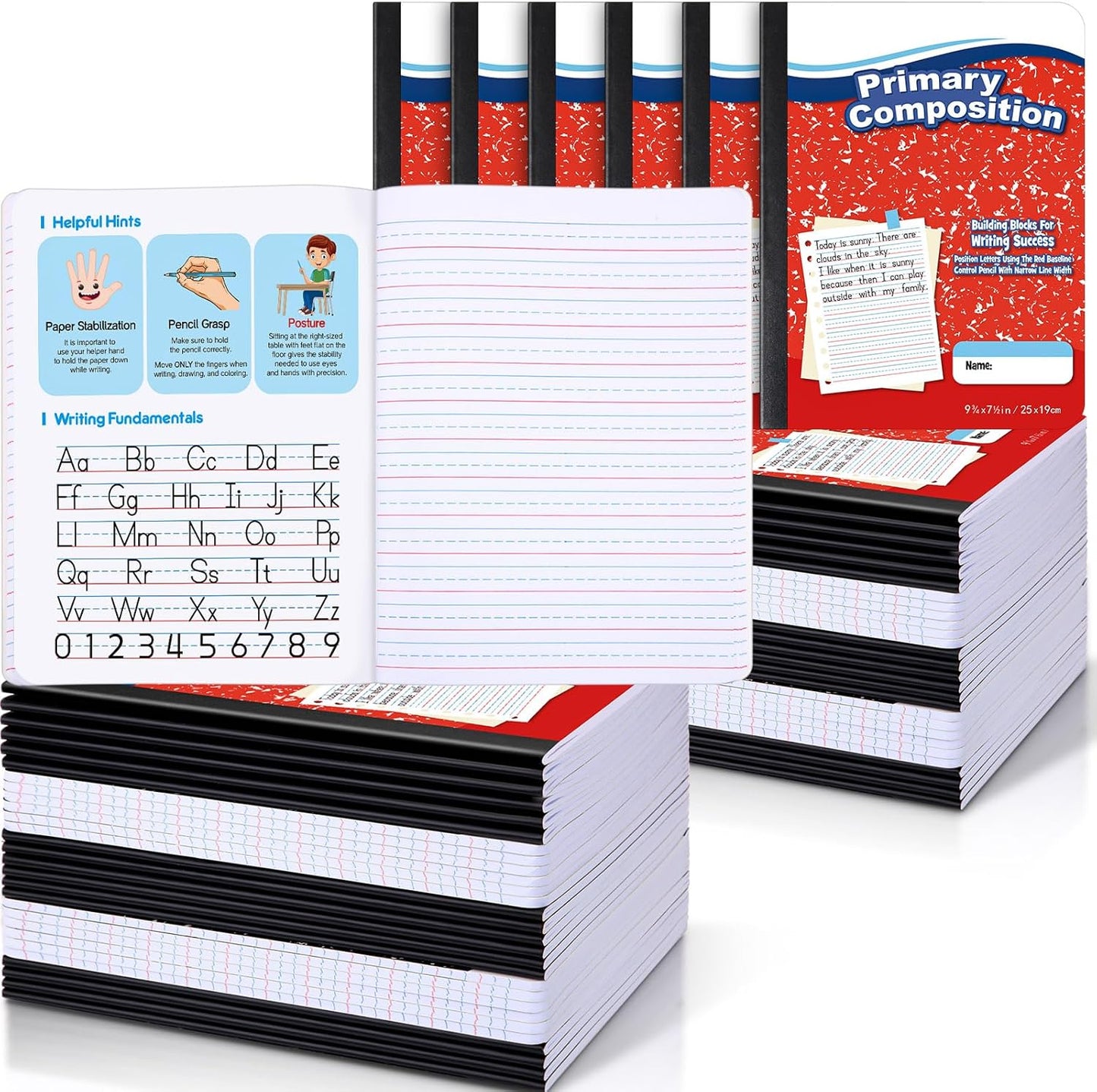 Watersay 30 Pack Primary Ruled Composition Notebook, Grade K-2 Journal 50 Sheets, 7-1/2" x 9-3/4" Primary Composition Book Writing Notebook for Kids Kindergarten Preschool 1st 2nd Grad (Multicolor)