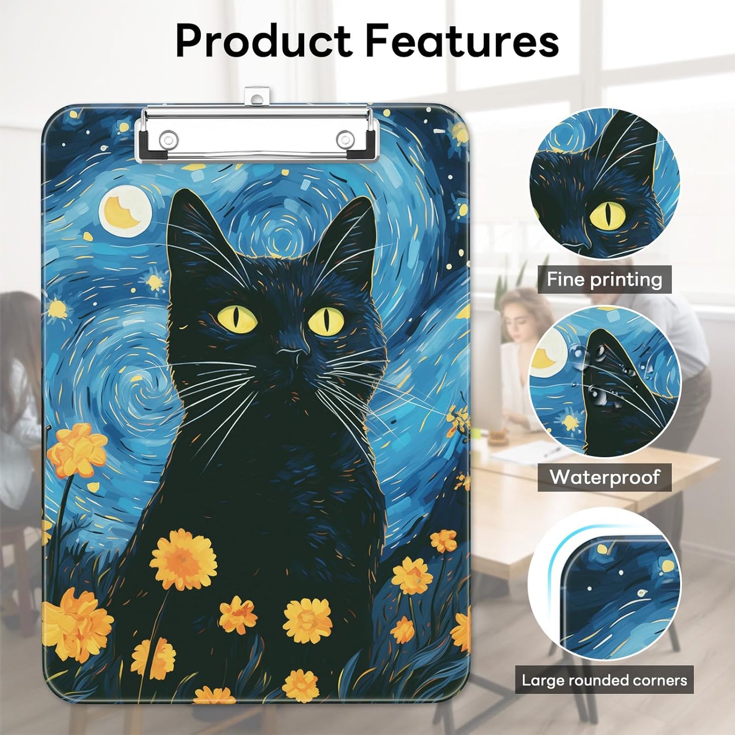 Plastic Cute Clipboard Low-Profile Metal Clip, A4 Letter Size 9 x 12.5 in, 8.5 x 11 Paper Clip Board for Teachers, Nurses, Classroom,Cute Black Cats