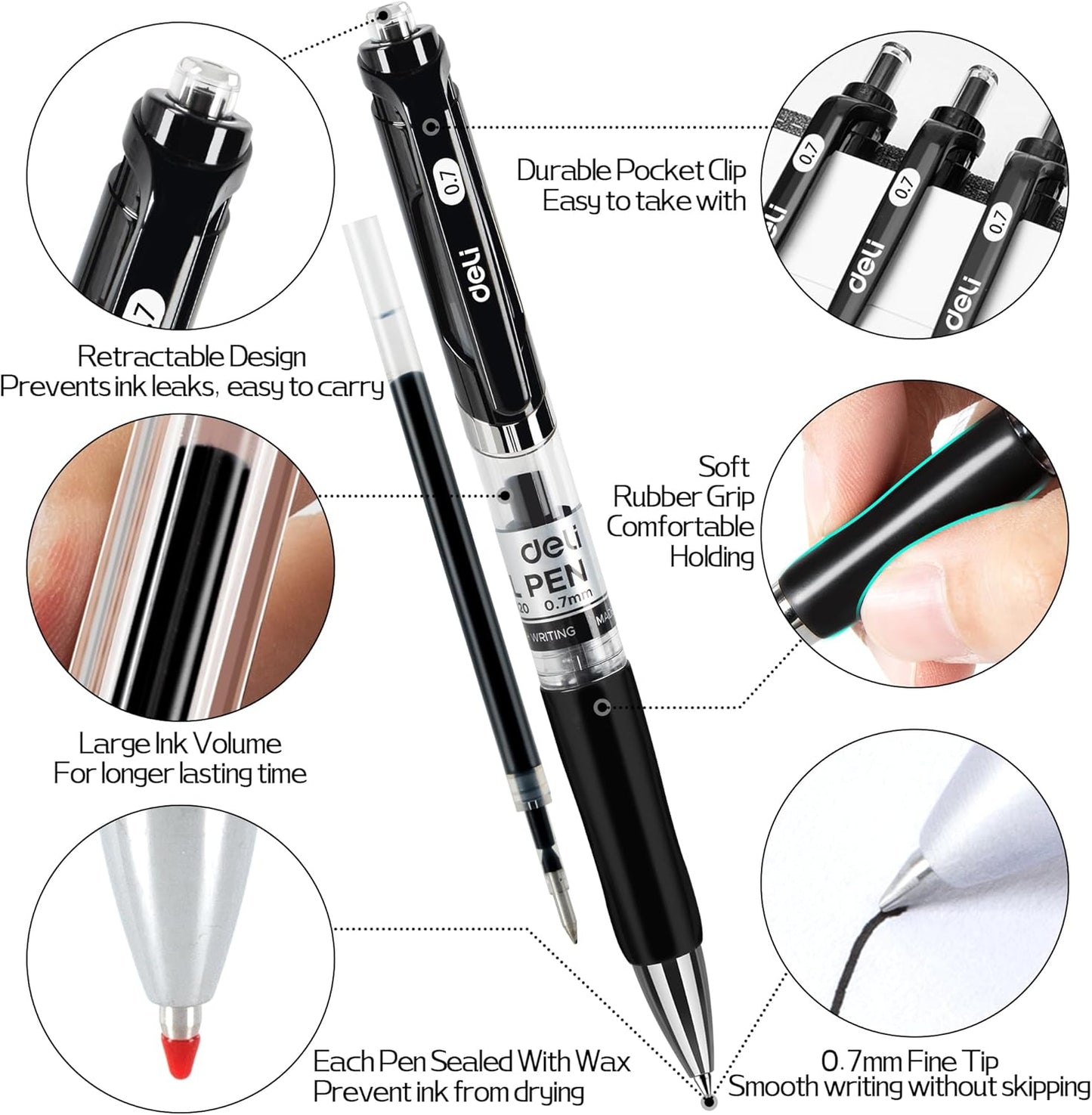 deli Gel Pens, 50 Pcs Retractable Pens Black Ink, Medium Point Pen 0.7mm, Smooth Writing, Fast Dry, No Bleed for Journaling Note Taking, Home School Office Supplies