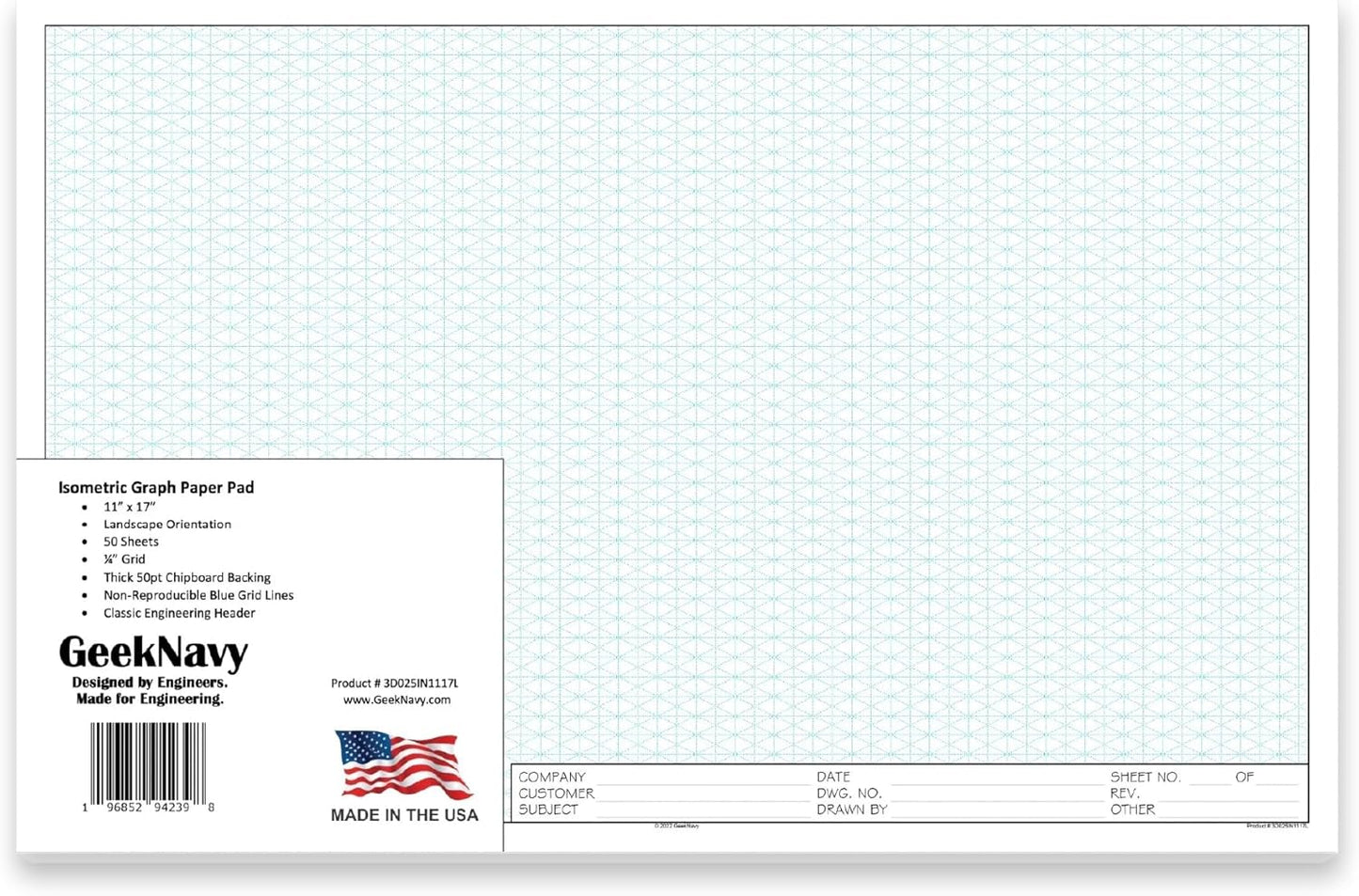 GeekNavy 8.5" x 11" Isometric Graph Paper 50 Sheets Portrait - 0.25" Grid, Non-photo Blue, High Brightness, Drafting, Engineering, Art, 3D Design (1-Pack)