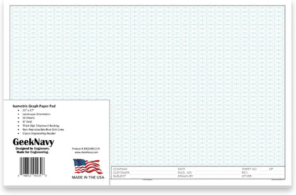 GeekNavy 8.5" x 11" Isometric Graph Paper 50 Sheets Portrait - 0.25" Grid, Non-photo Blue, High Brightness, Drafting, Engineering, Art, 3D Design (1-Pack)