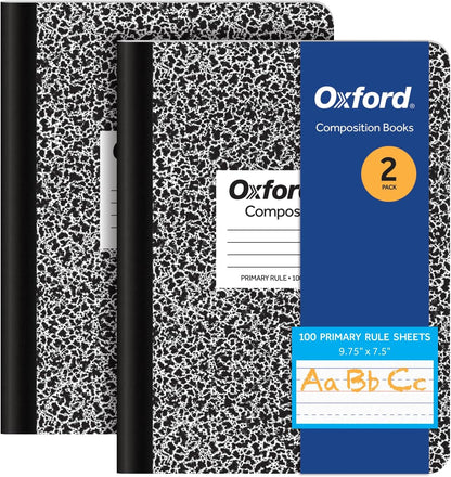 Oxford Primary Ruled Composition Notebooks, 9-3/4 x 7-1/2 Inches, Writing Practice for Kids, Grades K-2, Black Covers, 100 Sheets, 2 Pack (1002521)