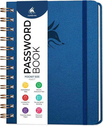 Clever Fox Password Book Spiral – Internet Address & Password Organizer with Laminated Alphabetical Tabs – Password Keeper Journal – Hardcover, Medium Size, 6.1x7.7” (Mystic Blue)