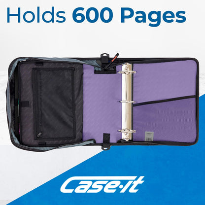 Case-it Mighty Zip Tab School Zipper Binder | 3-Inch O-Rings, 600-Sheet Capacity, 5-Subject Expanding File Folder, Multiple Pockets & Storage Organizer, Shoulder Strap | D-146 Jet Black