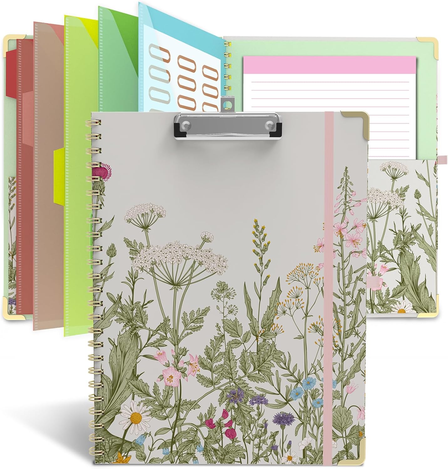 Clipboard Folio with Storage 8.5 X 11 Padfolio Notebook, Clipboards with Notepad Spiral with 10 Pockets and 5 Folders Nursing Teacher School Essentials (Pink Floral)