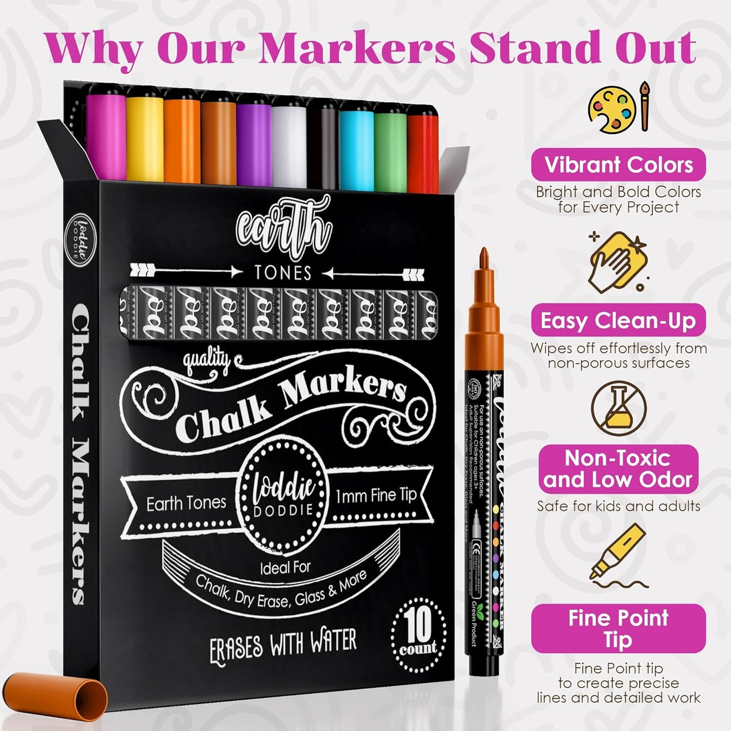 Loddie Doddie Liquid Chalk Markers - 8-Pack, 6mm Dual Tips - Chalk Markers for Blackboard & Chalkboard Paint - Washable Window Pens for Glass - Erasable Pens