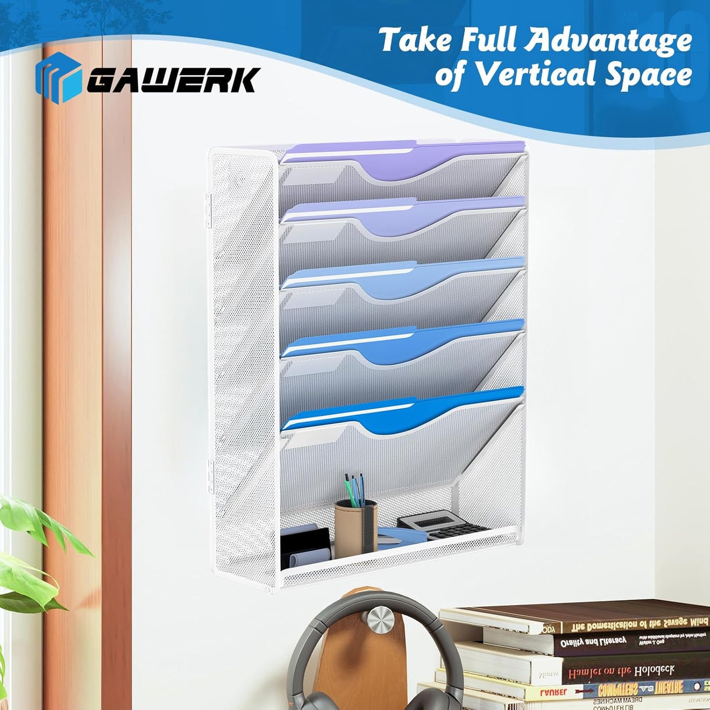 Gawerk 10-Tier Wall File Organizer Hanging Wall File Holder Wall Mount Paper Folder Organize, Mesh Magazine Document Mail Organizer Wall Organizer for Office School Home, Black