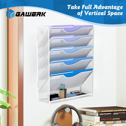 Gawerk 10-Tier Wall File Organizer Hanging Wall File Holder Wall Mount Paper Folder Organize, Mesh Magazine Document Mail Organizer Wall Organizer for Office School Home, Black