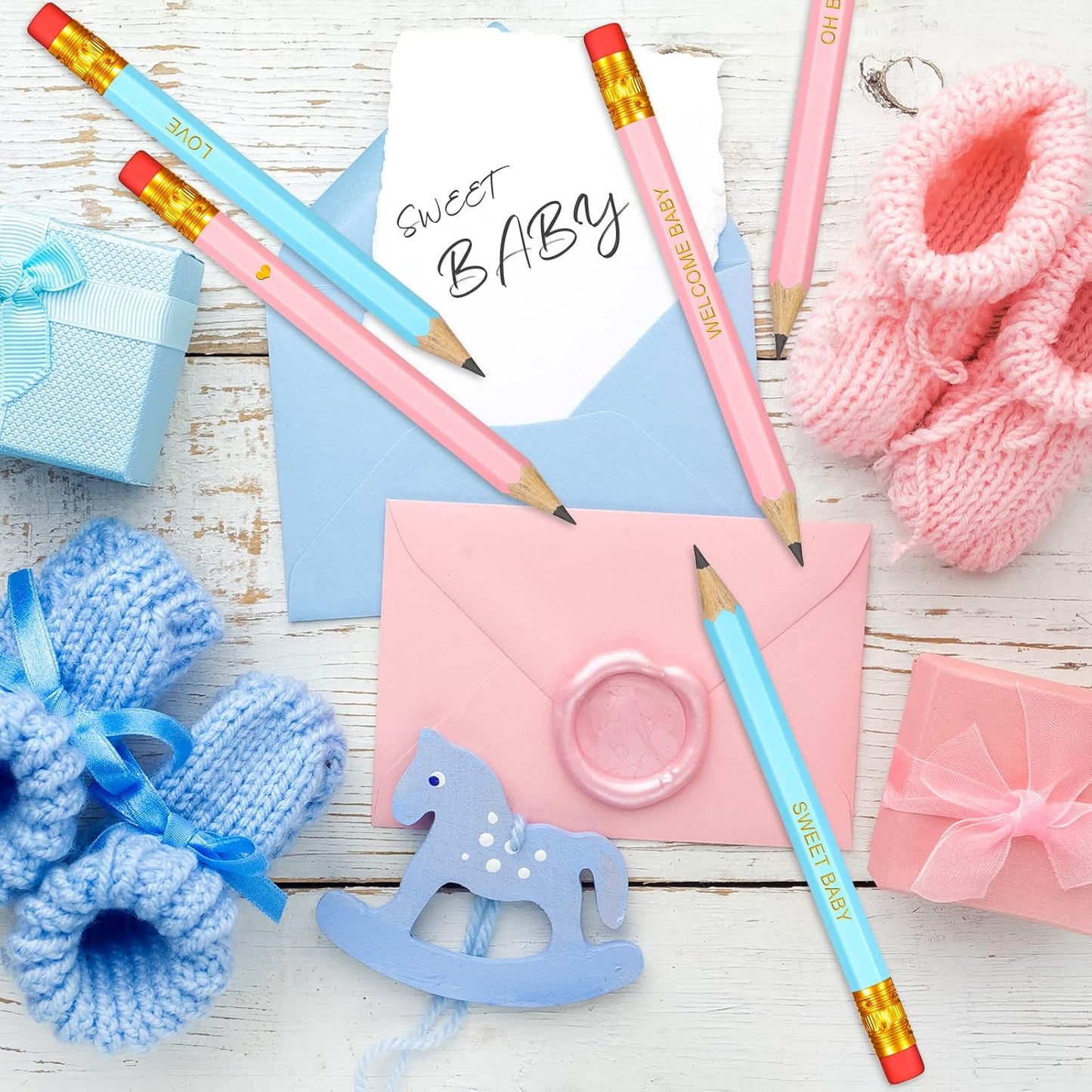 Crtiin 50 Pieces Baby Shower Pencils for Activities Mini Golf Half Pencils, Presharpened with Erasers, 4 Inch(Wood Color,Simple Style)