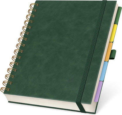 Hardcover Leather Lined Spiral Notebook 8x10" with Removable Dividers - Black - 300 Pages 5 Subject College Ruled Notebook for Work with Tabs, Pockets, and Pen Loop for Note Taking, Large Journal
