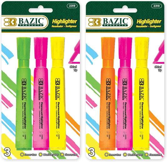 BAZIC PRODUCTS Highlighter Assorted Color Desk Style, Chisel Tip Broad Fine Line Highlighters, Unscented Highlighting Coloring Marker (3/Pack), 2-Packs