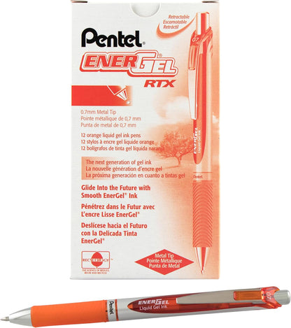 Pentel EnerGel RTX Retractable Liquid Gel Pen, (0.7mm) Medium Line, Metal Tip, Black Ink, Box of 12 (BL77-A)