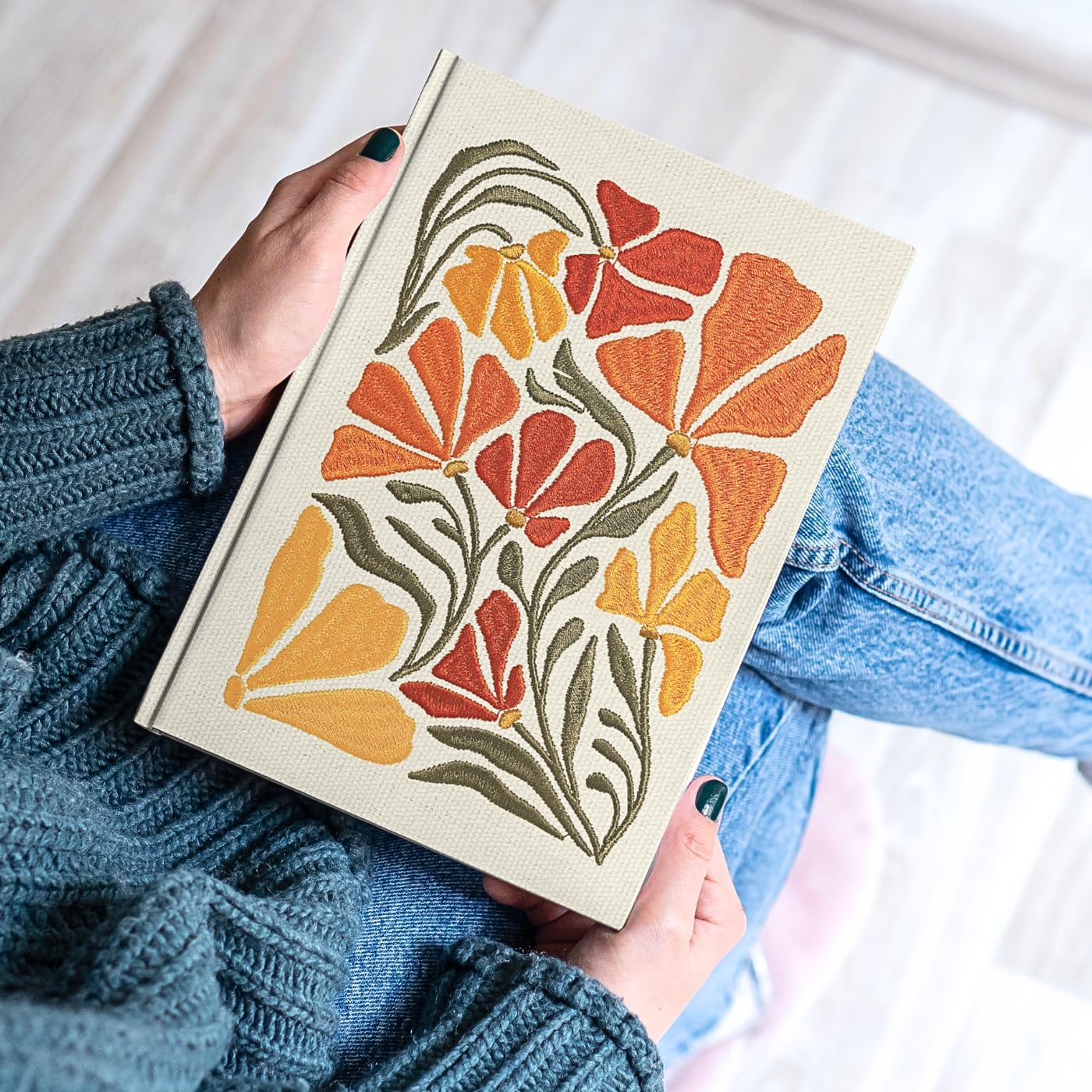 Lady Jayne Embroidered Canvas Hardcover Journal with 192 Lined Pages, 6” x 8.5” – Flower Market Poppy (83289)
