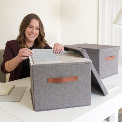 ZICOTO Decorative File Organizer Box Set of 2 - Collapsible Linen Filing Cabinets with Handles Are Perfect to Store All Your Documents & Hanging File Folders - Portable Easy Slide Crates with Lid