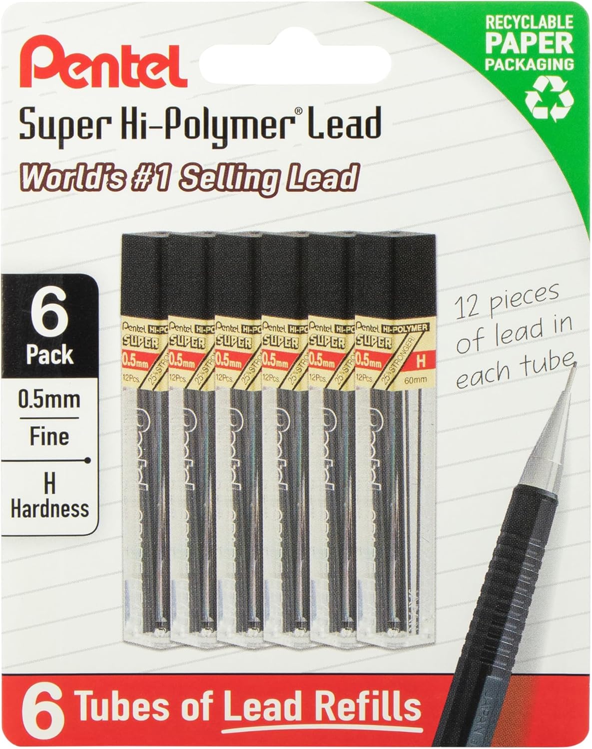 Pentel Super Hi-Polymer Lead Refills, 0.5 mm, 2H, 72 Pieces (12 pcs per tube, 6 tubes)