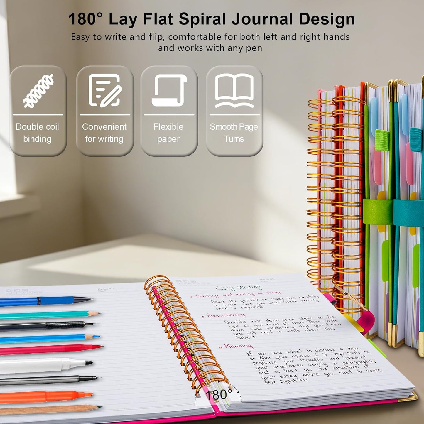 Hardcover Spiral Notebook College Ruled, 8"x10" Leather Journal Notebook with Magnetic Closure, 300 Pages 5 Subject Notebook with Dividers Tabs Journal for Women Men, Work, School(Rose Red)