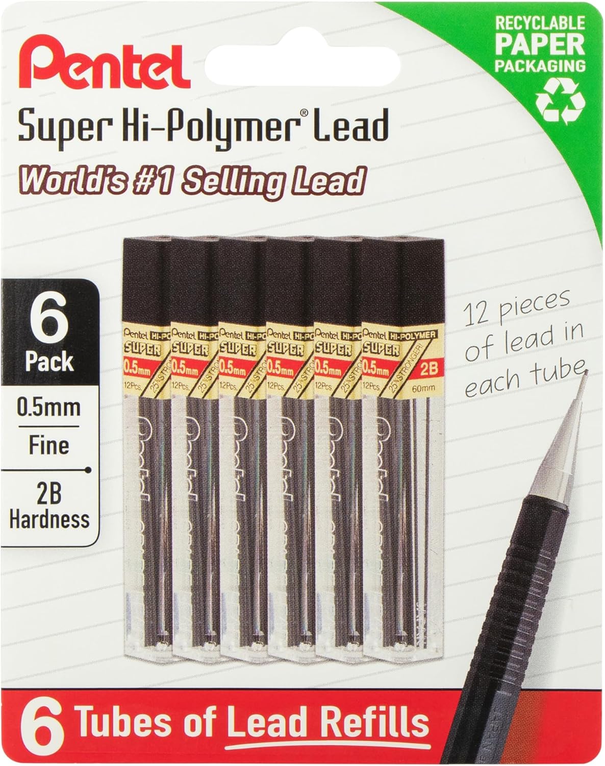 Pentel Super Hi-Polymer Lead Refills, 0.5 mm, 2H, 72 Pieces (12 pcs per tube, 6 tubes)