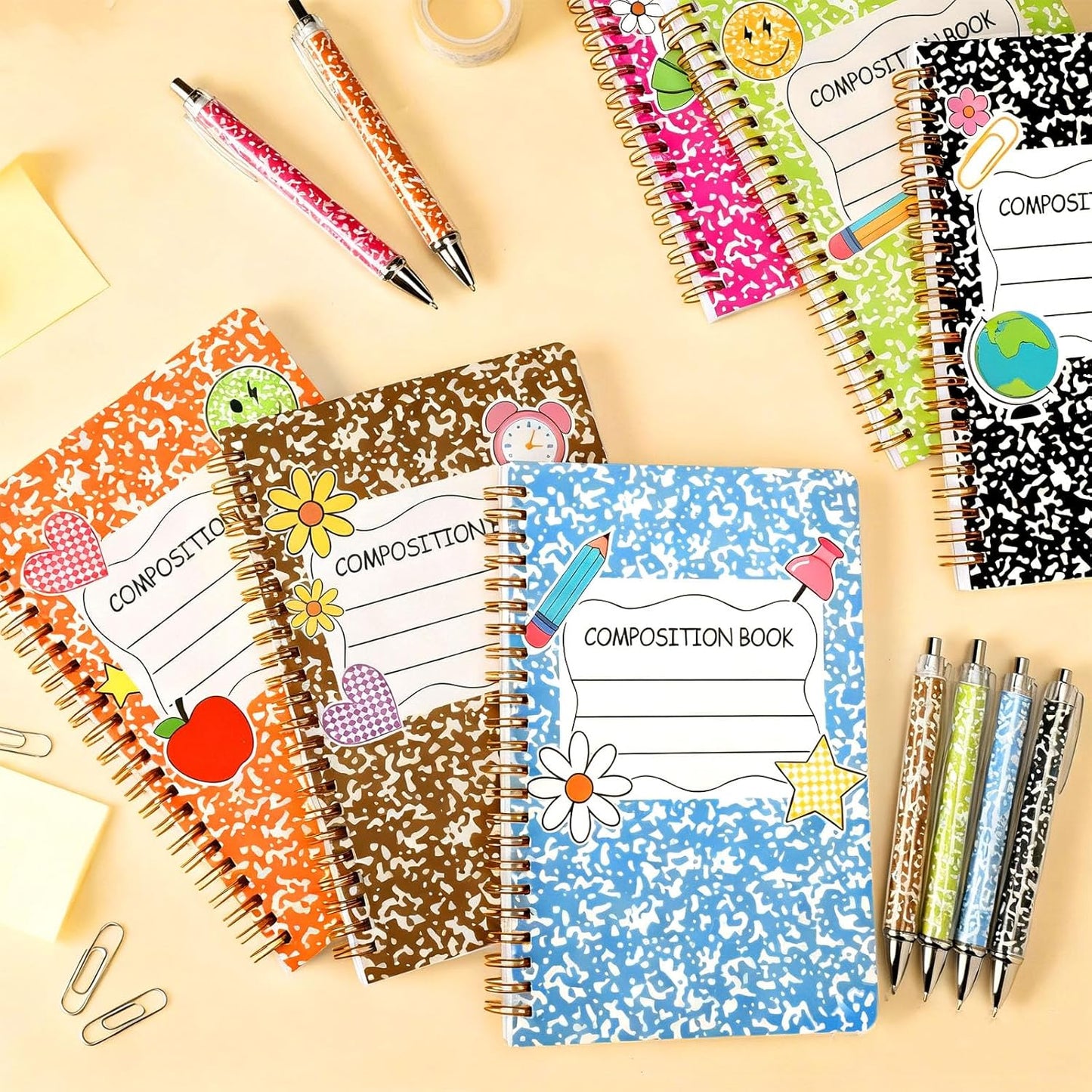 Resurhang 6 Pack A5 Composition Notebook Marble Spiral Notebooks Preppy Cute Aesthetic Hardcover Ruled Composition Books with Ballpoint Pens for School Day Classroom Prize, 5.8 x 8.3 Inch