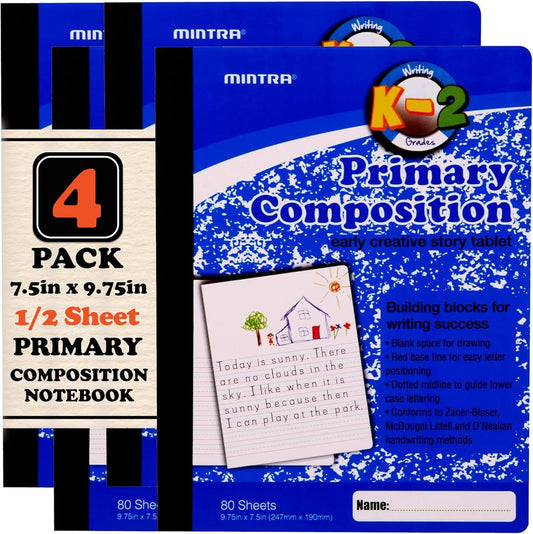 Mintra Primary Composition Notebook, 4 Pack, Assorted Colors 80 Sheets, 7.5in x 9.75in, 1/2 Sheet, Ruled with Drawing Area, Flexible Hardcover Journal, Grades K-2, School & Home Use