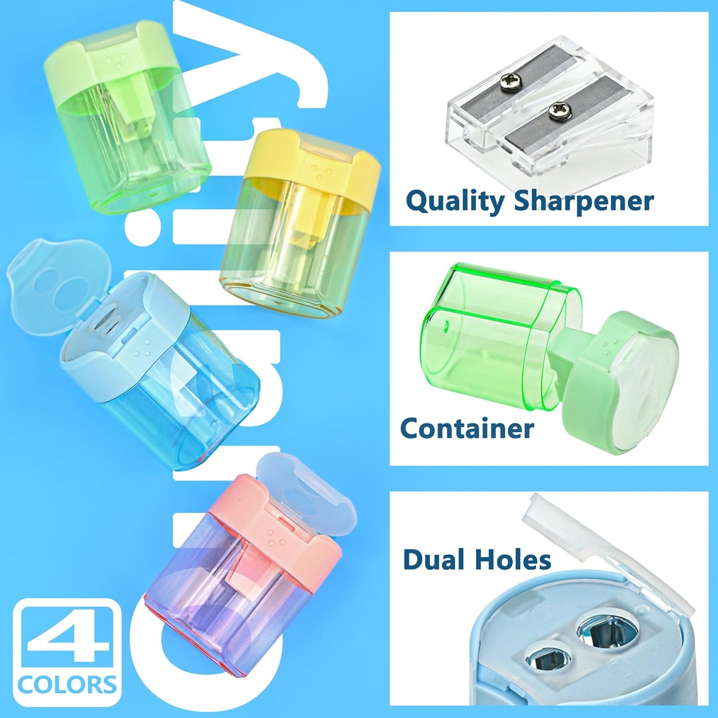 Colored Manual Pencil Sharpeners in Bulk, BOPART 24pcs Small Handheld Pencil Sharpener Dual Holes with Lid for Kids Adults at Classroom School Office Home (24Pcs Sharpeners - D)