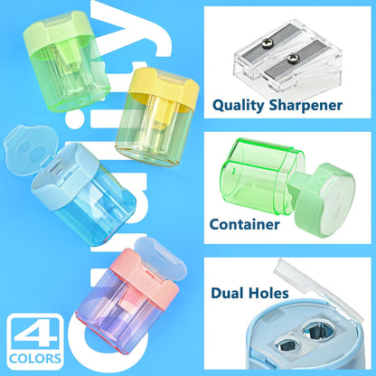 Colored Manual Pencil Sharpeners in Bulk, BOPART 24pcs Small Handheld Pencil Sharpener Dual Holes with Lid for Kids Adults at Classroom School Office Home (24Pcs Sharpeners - D)