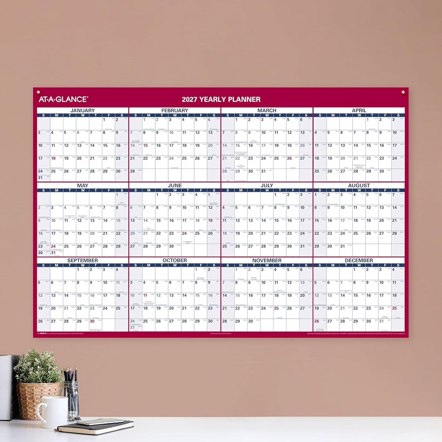 AT-A-GLANCE 2026 Erasable Calendar, Dry Erase Wall Planner, 12" x 16", Small, Vertical-Horizontal, Reversible, Compact (PM330B2826)
