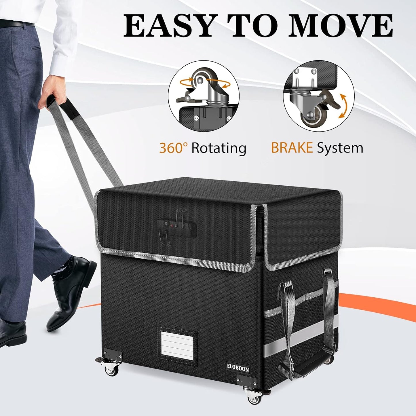 File Box with Lock, Fireproof Document Box with Wheels, Collapsible File Organizer Box, File Storage Box for Home & Office, Filing Cabinet for Hanging Letter/Legal Folders, Black