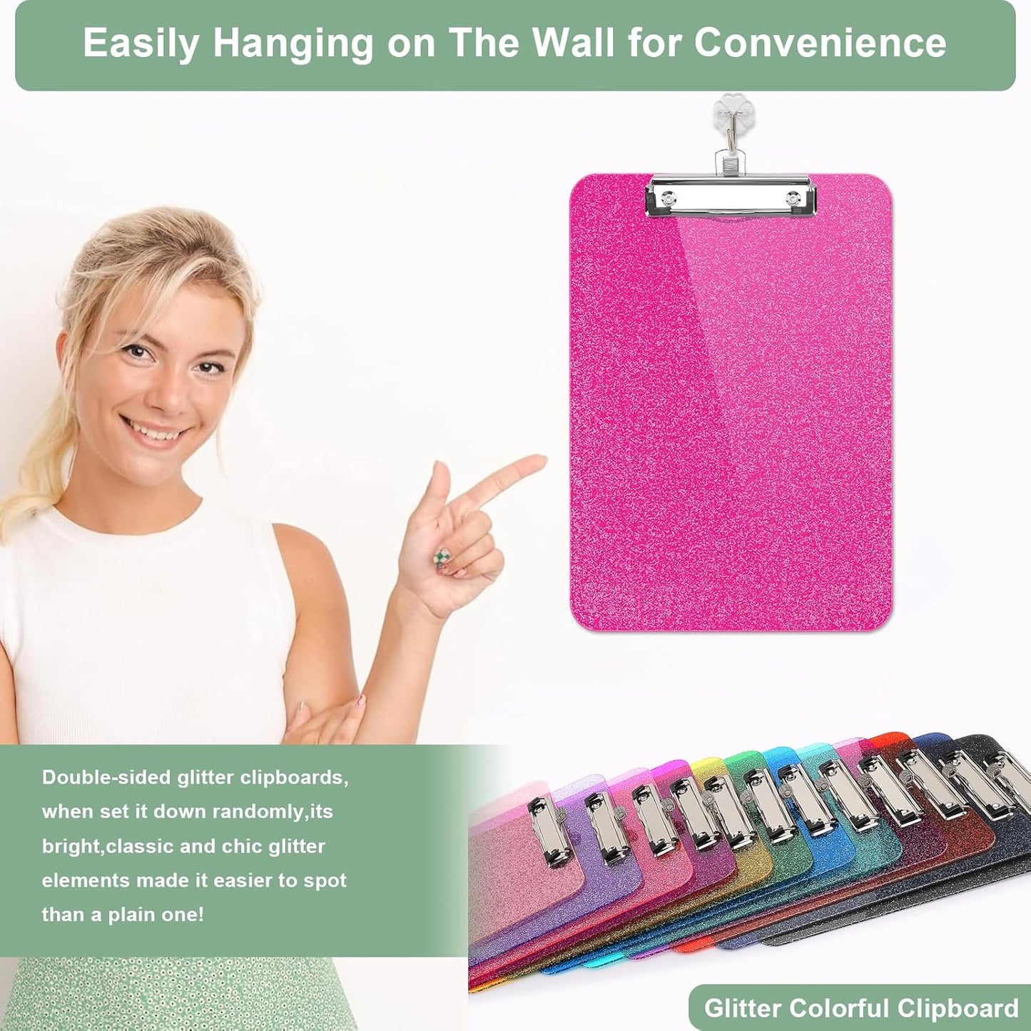 SFLHHDM 1 Pcs Clear Glitter Clipboards, Plastic Clipboard with Pen Holder, Size 8.85 x 12.4 in Shiny Clipboards with Low Profile Clip, Cute Hanging Clipboard for Office School Sparkly Clip Board-Pink