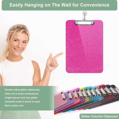 SFLHHDM 1 Pcs Clear Glitter Clipboards, Plastic Clipboard with Pen Holder, Size 8.85 x 12.4 in Shiny Clipboards with Low Profile Clip, Cute Hanging Clipboard for Office School Sparkly Clip Board-Pink