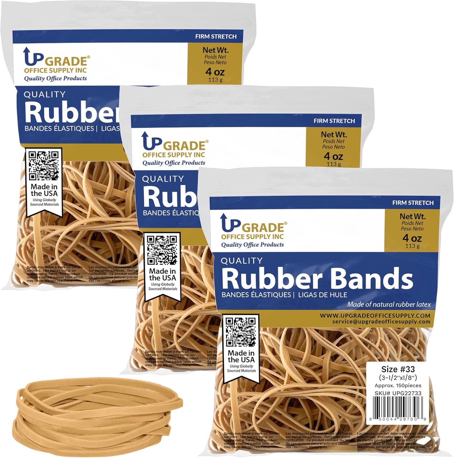 Upgrade Office Supply UPG22733 Rubber Bands, Size #33 (3-1/2” x 1/8”), 150 Bands, 1/4 lb, USA