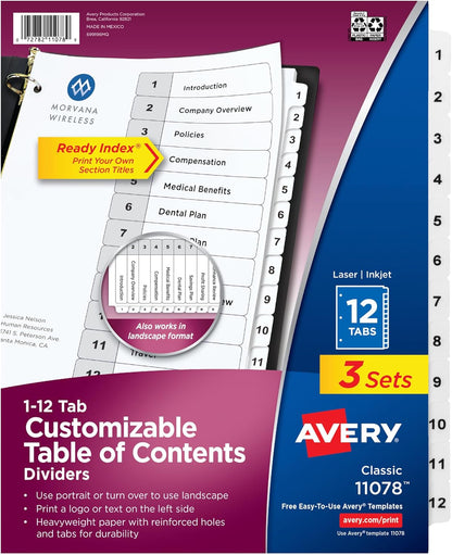 Avery Dividers for 3 Ring Binders, 12 Tabs per Set, Customizable Table of Contents, Classic White Tabs, Great for Organizing Reports, Projects, and More (3 Sets of 11078)