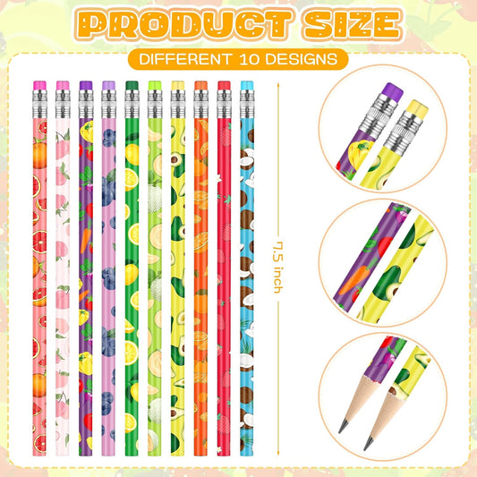 Kosiz 200 Pcs natural HB Pencils for Kids with Fruit Pattern Assortment Colorful Rainbow Pencils Bulk 10 Fruit Style Pre Sharpened Wooden Pencil with Eraser for School Student Party Favors Reward
